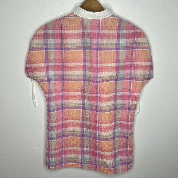 1970s Beeline Fashions Seersucker Plaid Cinched Sleeve Collard Button Uo Blouse - Picture 7 of 9